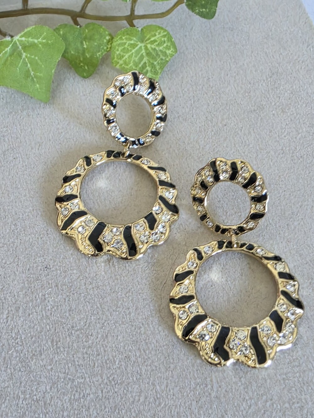 Gold & Black Zebra Enamel Hoop Drop Earrings | Rhinestone Double Circle